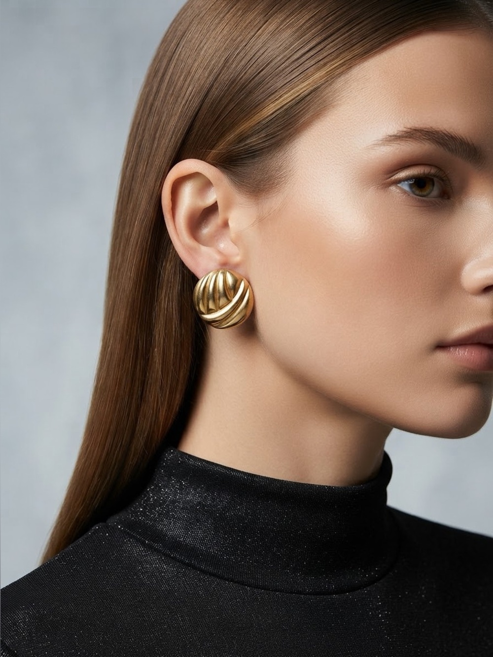 Vintage Gold Tone Ribbed Swirl Earrings | Domed Button Statement Earrings